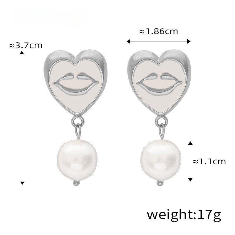 Enamel Glaze Smile Heart Mouth Pearl Drop Earrings