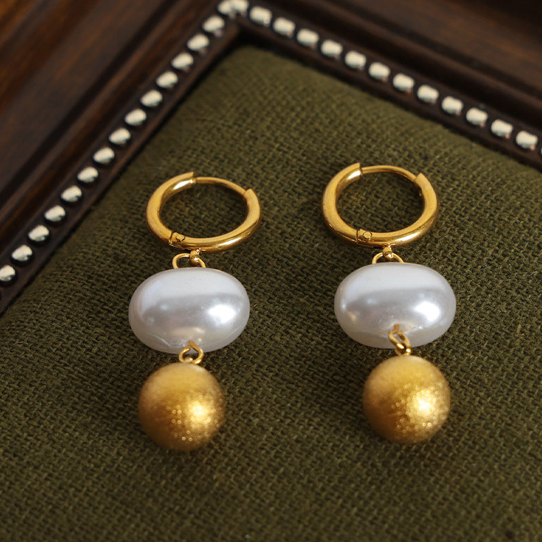 Frosted Gold Bead And Pearl Earrings