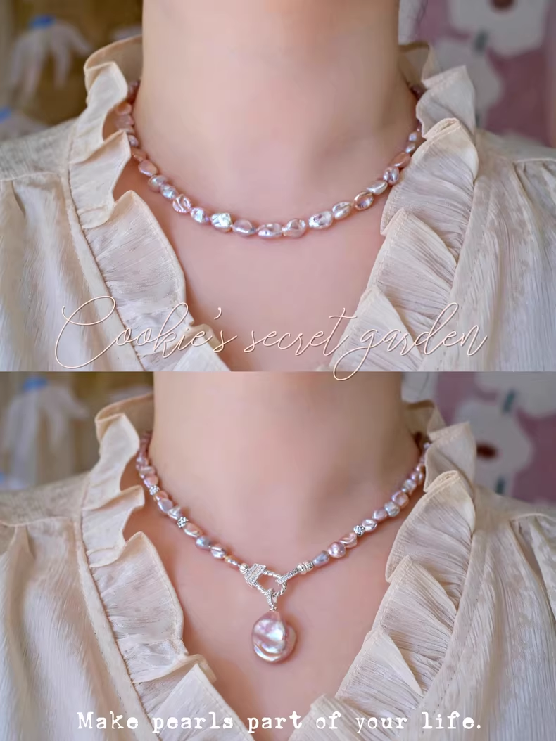 【Monet Garden Collection】 Handmade Sakura Baroque Pearl Necklace