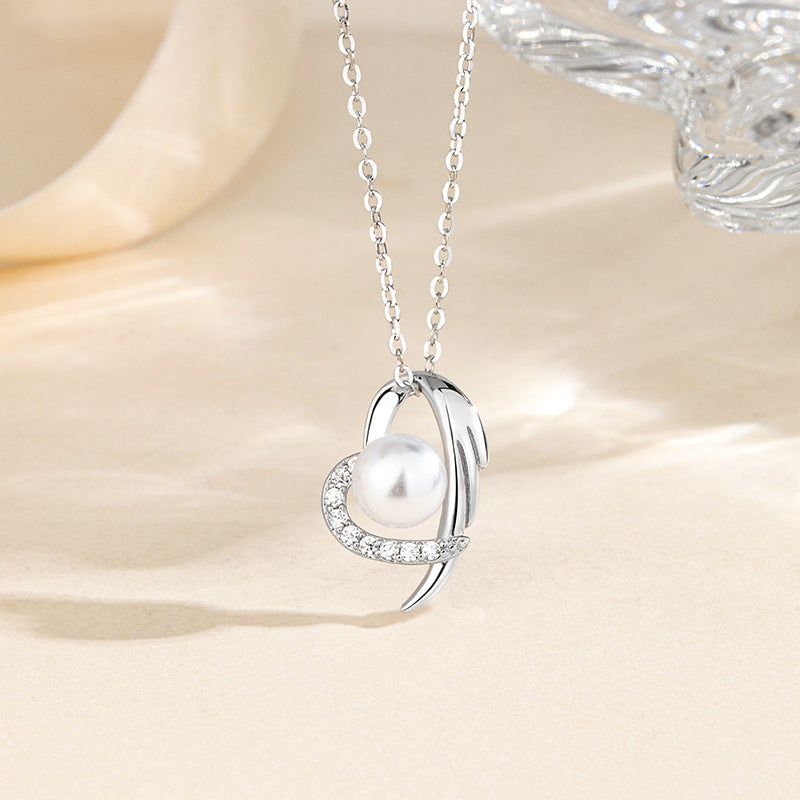 Angel Wing Heart Pearl Pendant Necklace