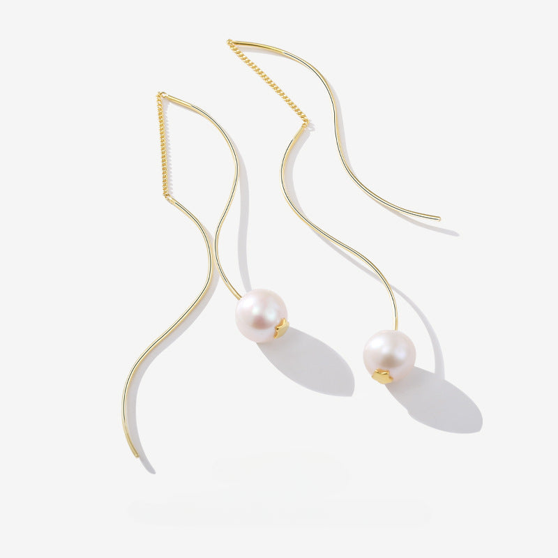 S Curve Line Tassel Pearl Drop Earrings