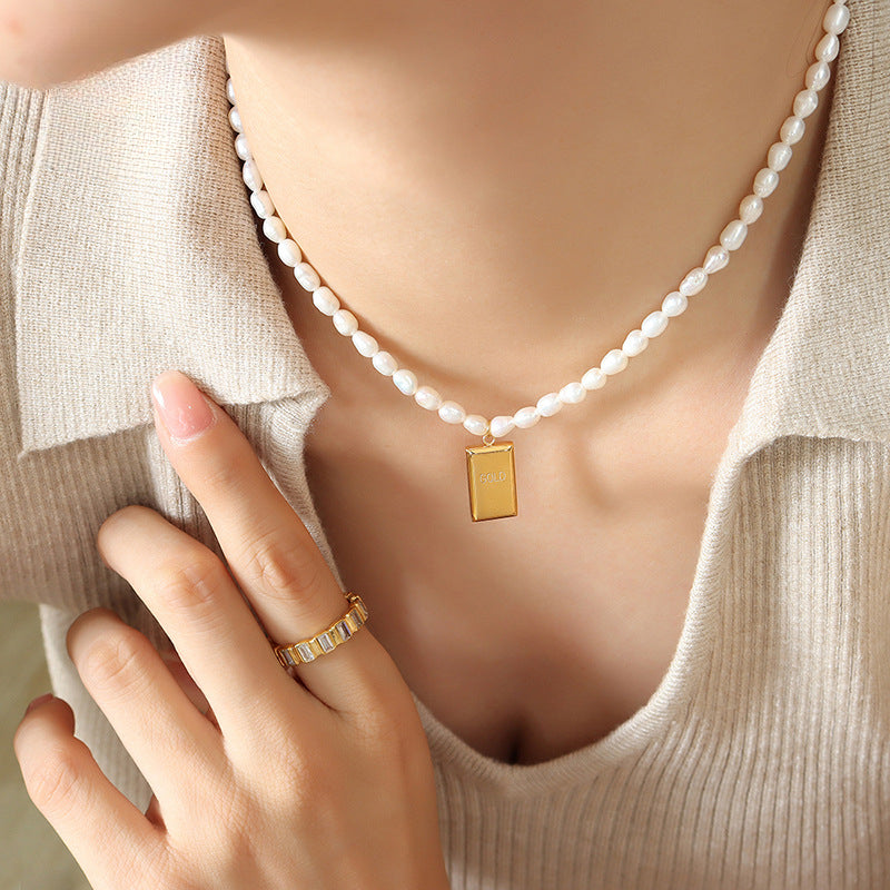 GOLD Rectangle Plate Pendant Freshwater Pearl Necklace