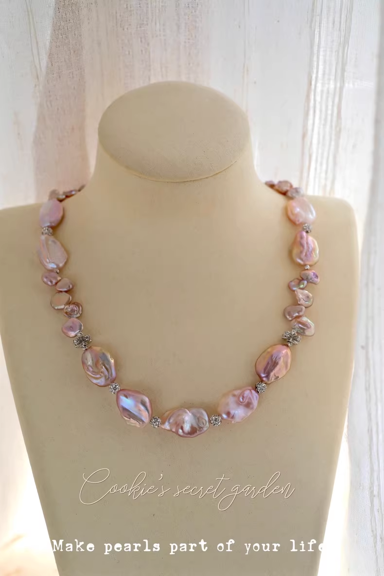 【Monet Garden Collection】 Handmade Ice Rose  Baroque Pearl Necklace