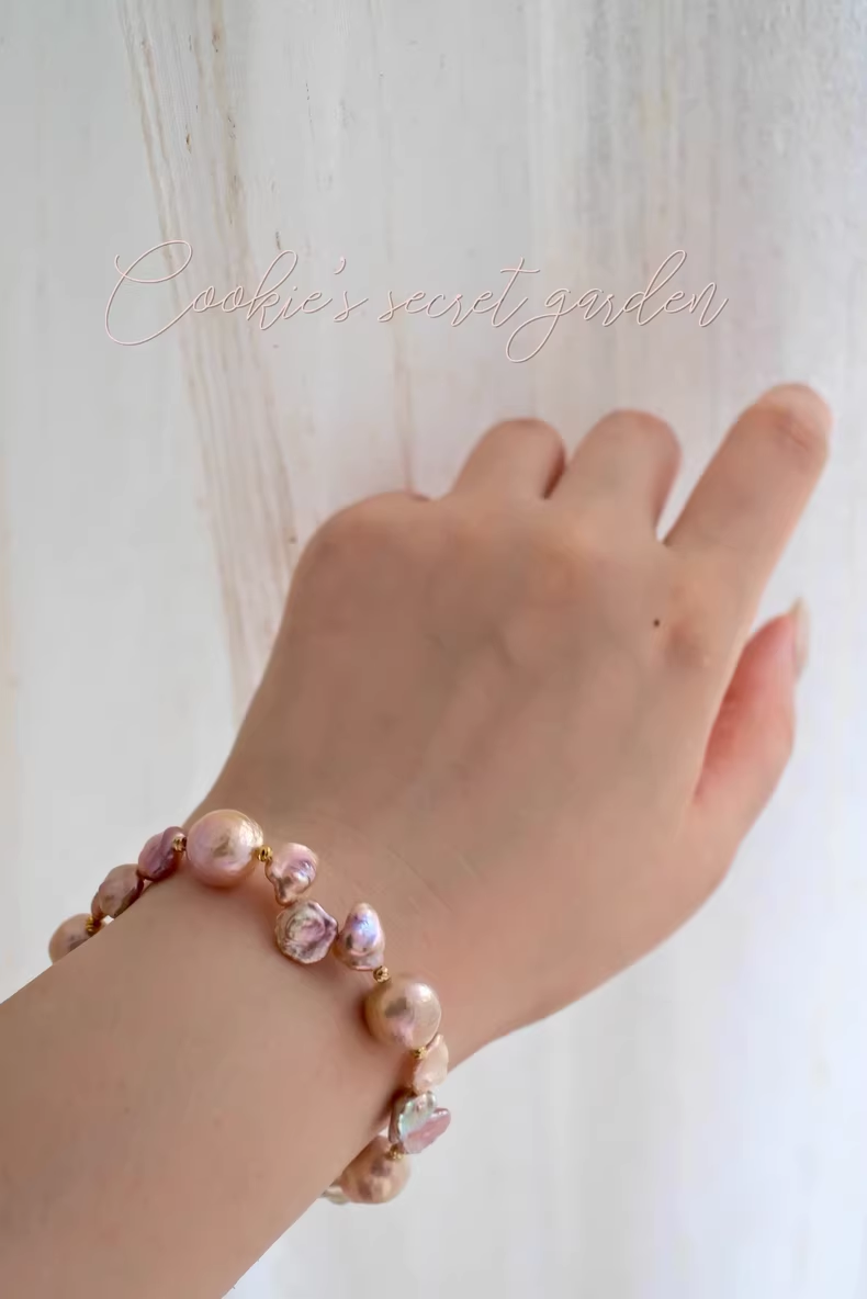 【Monet Garden Collection】 Handmade Peach Oolong Baroque Pearl Bracelet