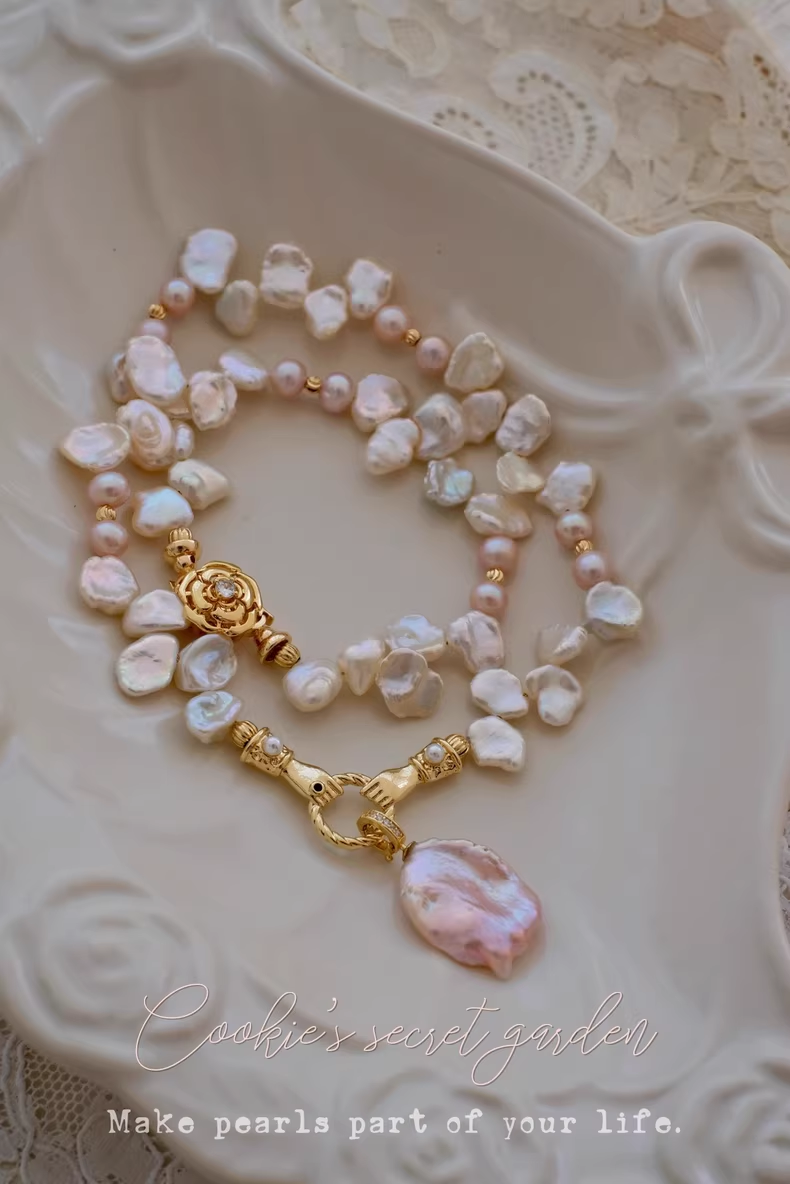 【Monet Garden Collection】 Handmade Pink Princess Baroque Pearl Necklace