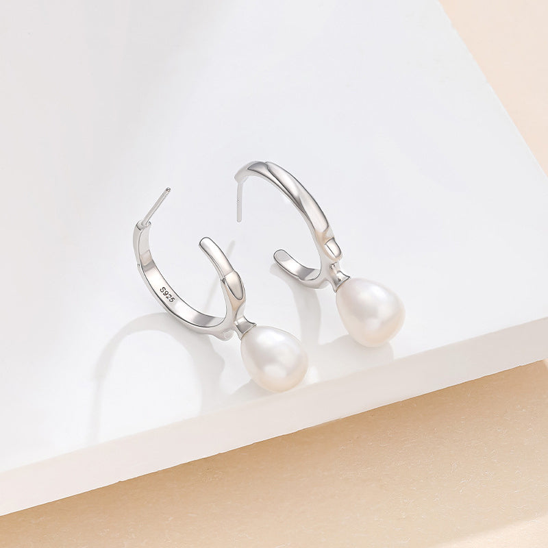 C Hoop Teardrop Pearl Earrings