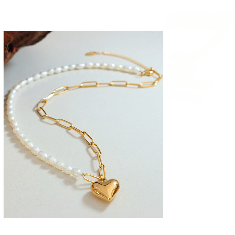 Half Paperclip Chain Half Freshwater Pearl Necklace With Heart Pendant