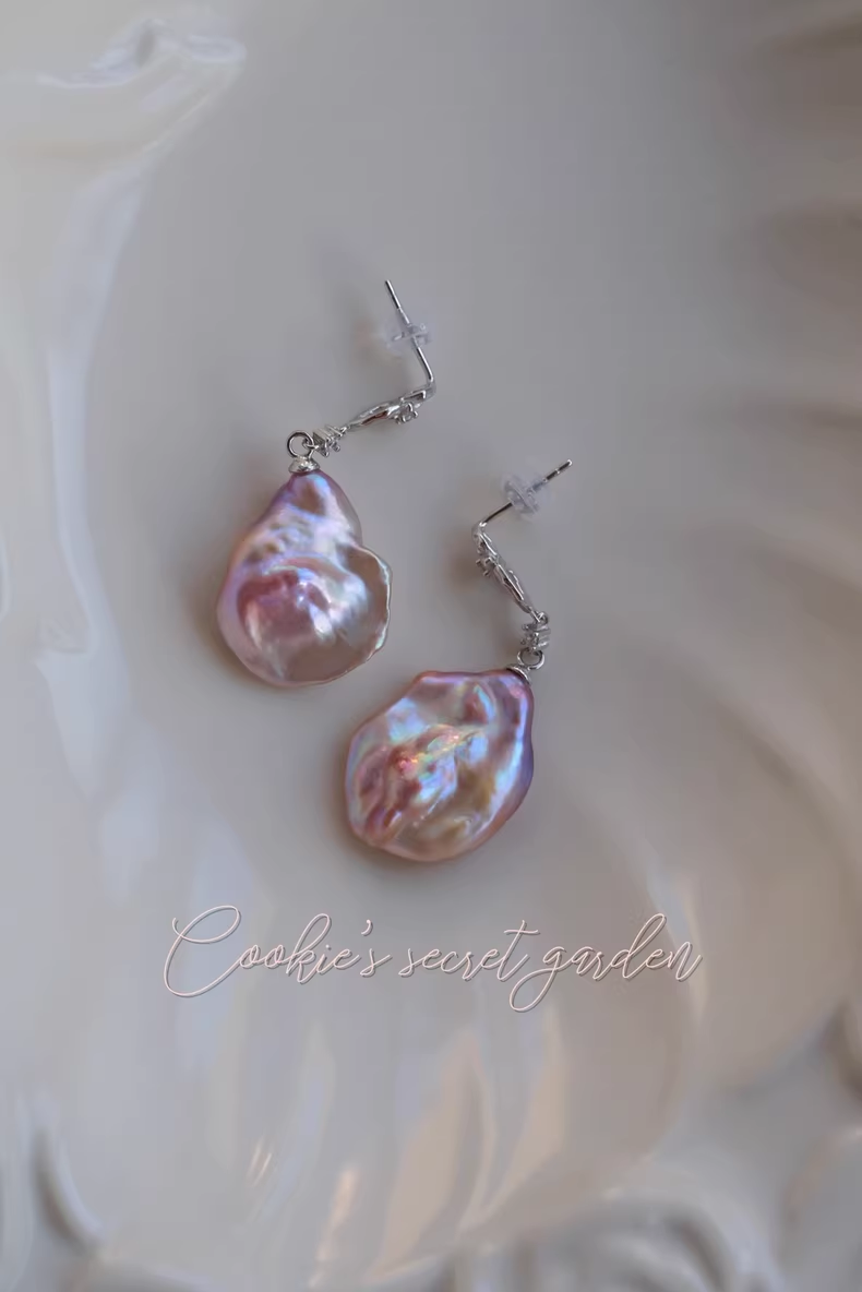 【Monet Garden Collection】 Handmade Pink-purple Baroque Pearl Earrings