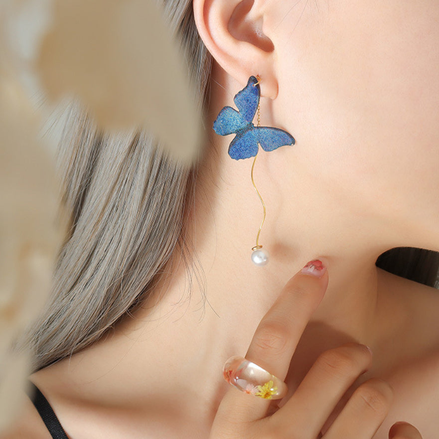 Pearl Drop Linear Blue Butterfly Earrings