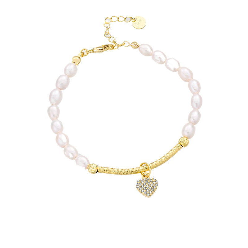 Rice Pearl Bracelet With Love Heart Charm