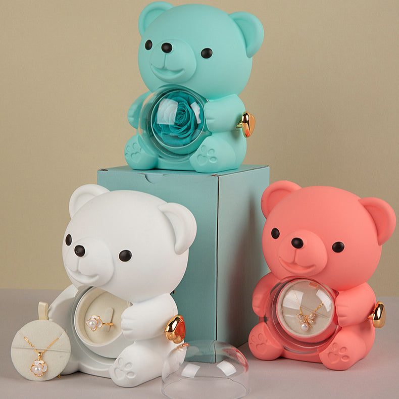 Teddy Bear Preserved Flower Ring Neckacle Jewelry Box