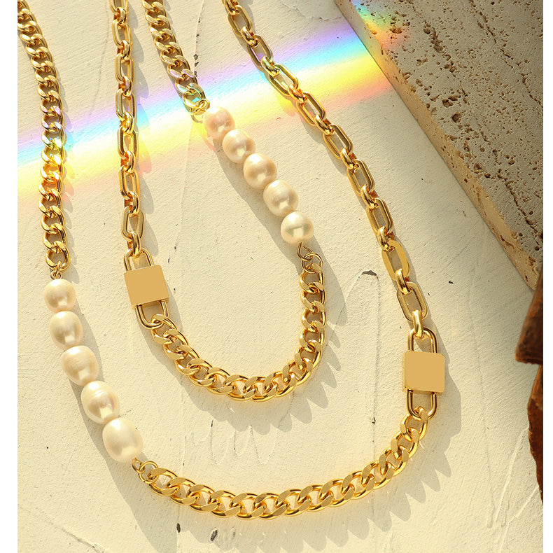 Hip Hop Unisex Pearls Stitching Thick Chain Necklace