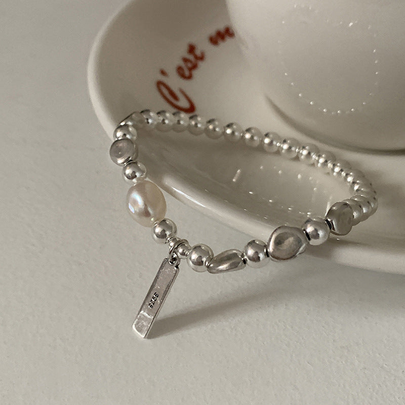 Rectangle Tag Silver Pearl Bracelet