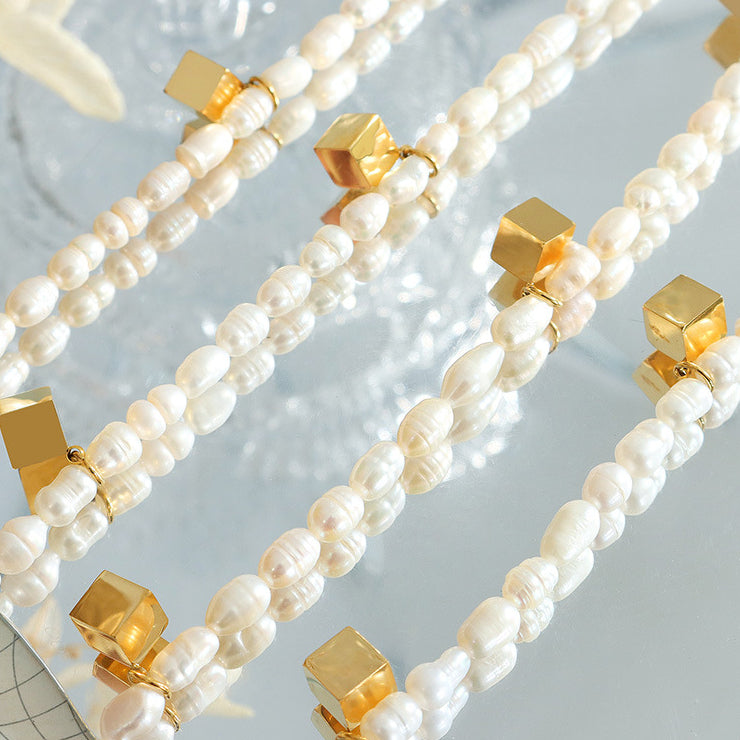 Gold Cube Charms Freshwater Pearl Necklace