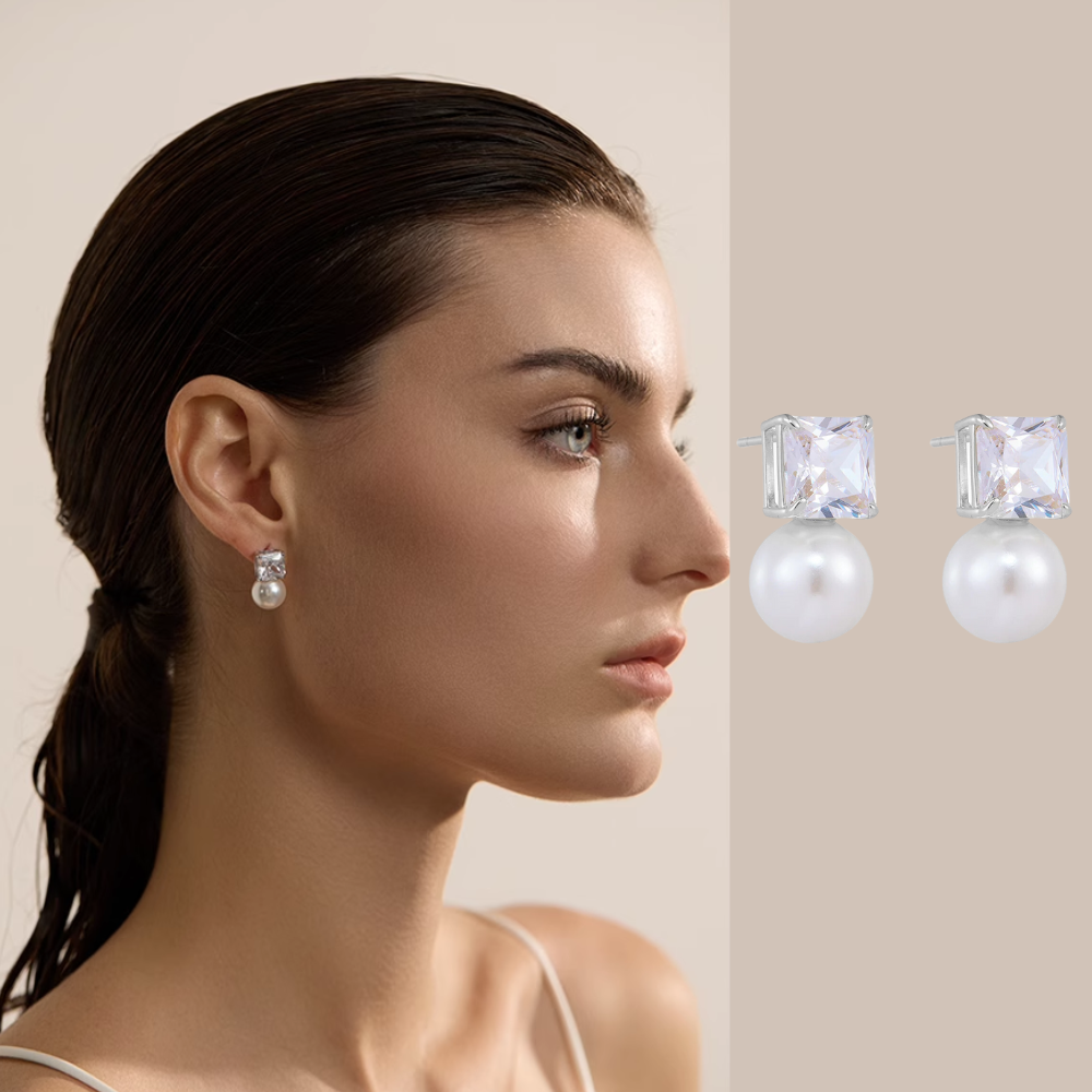 Cube Diamond 10mm Pearl Earrings