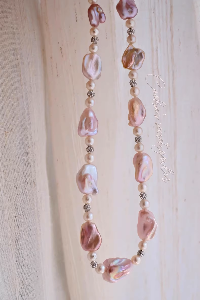 【Monet Garden Collection】 Handmade Strawberry Ice Shimmer Baroque Pearl Necklace