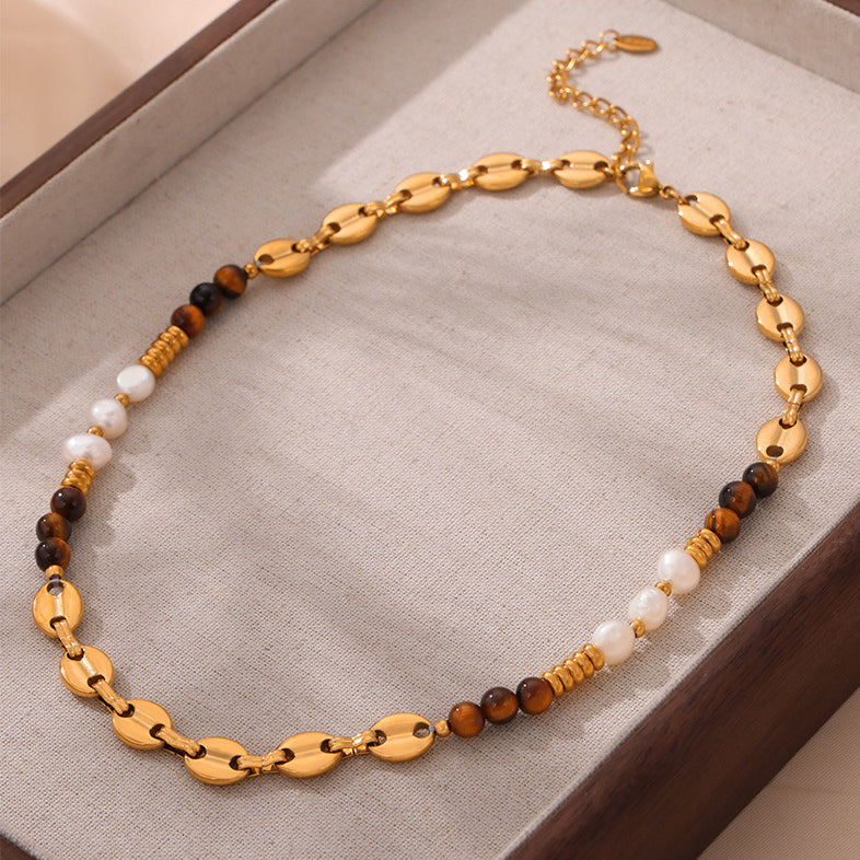 Maillard Necklace Tiger Eye's Stone Agate Pearl Necklace