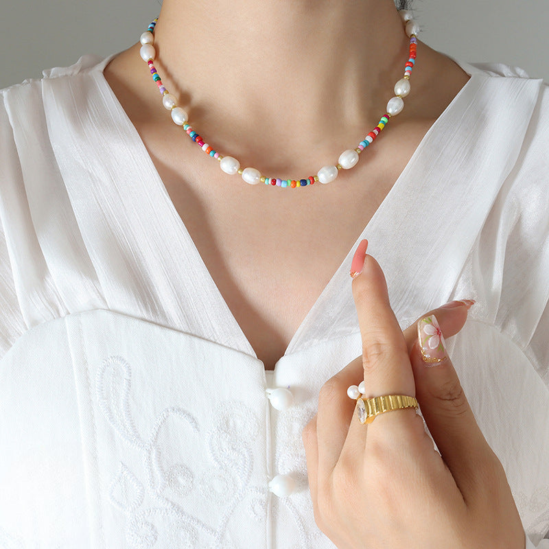 Freshwater Pearl And Rainbow Glass Beaded Necklace