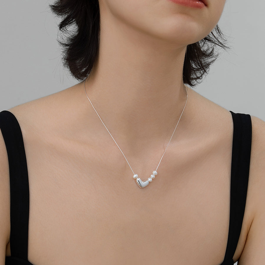 Silver Heart Freshwater Pearl Pendant Necklace