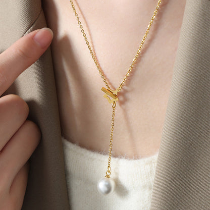 Star Clasp Pearl Drop Pendant Y Necklace