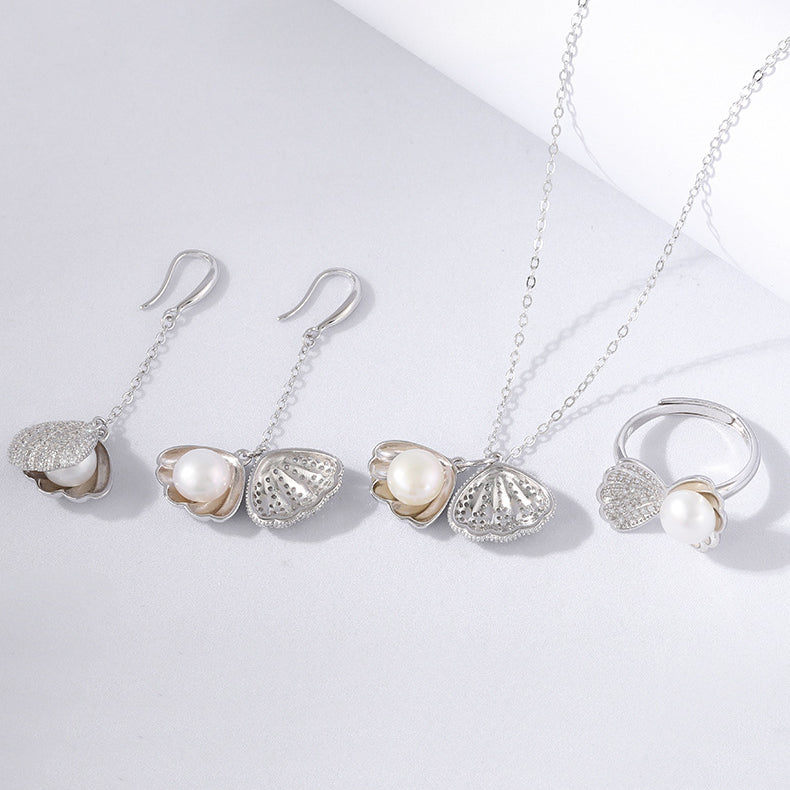 Shell Pearl Pendant Necklace Earrings Ring Set