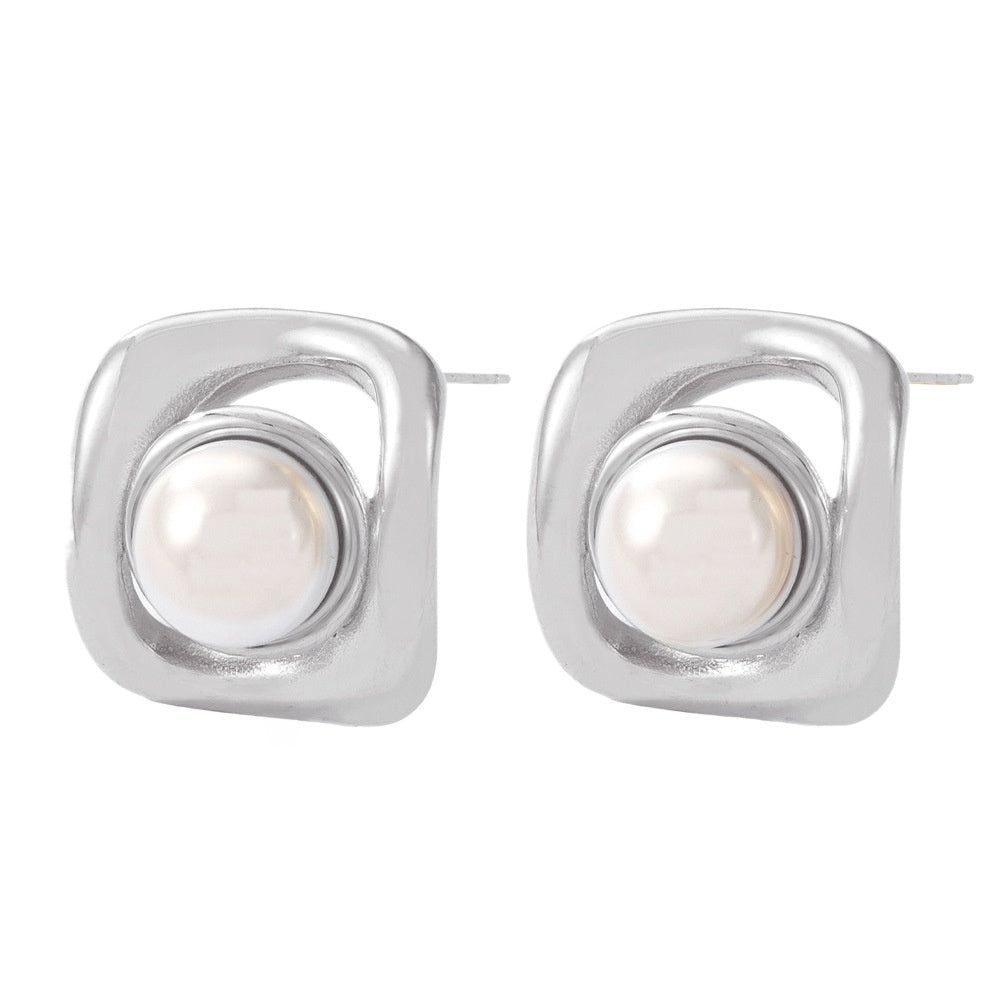 Retro Geometric Square Pearl Stud Earrings