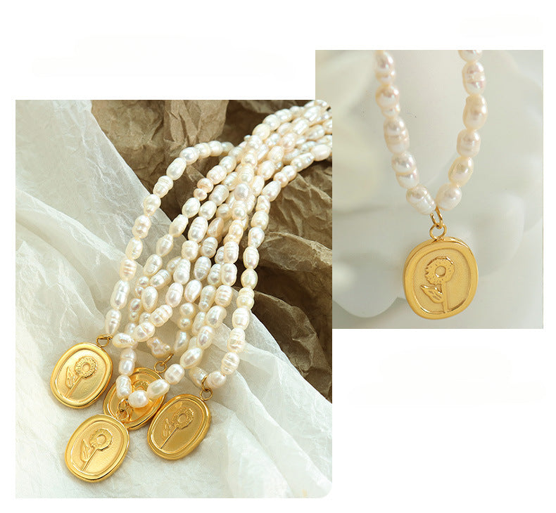 Sunflower Tag Pendant Freshwater Pearl Necklace