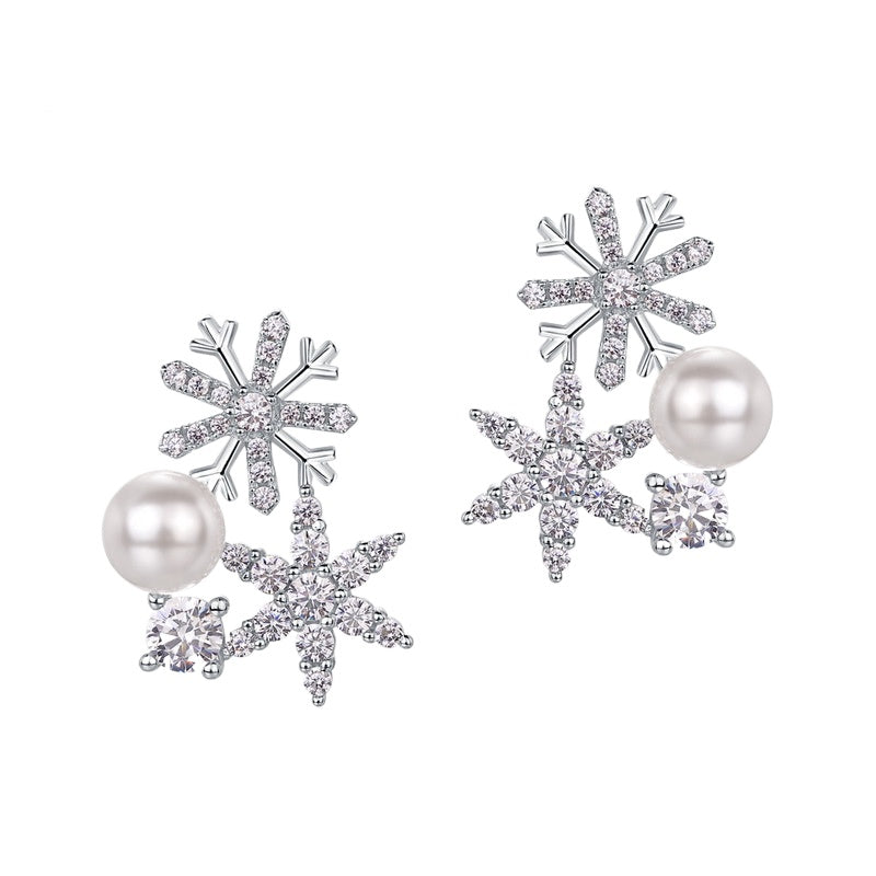 Pearl Diamond Snowflake Earrings