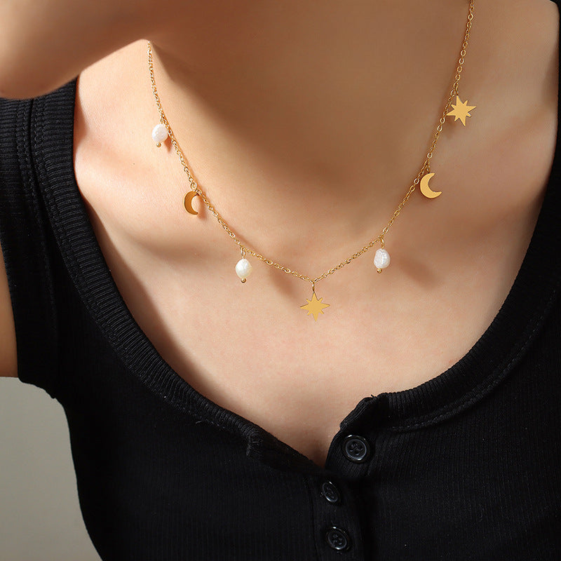 North Star Moon Pearl Necklace With Charms