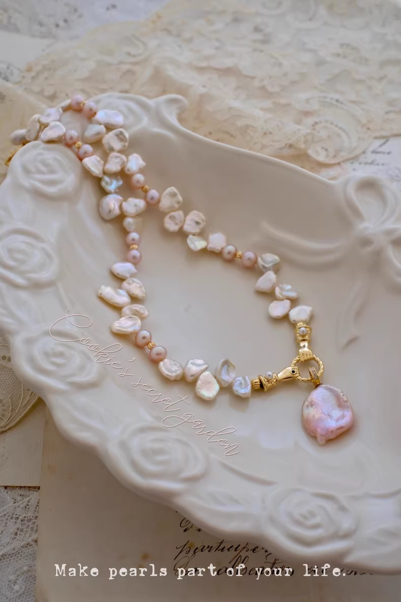 【Monet Garden Collection】 Handmade Pink Princess Baroque Pearl Necklace