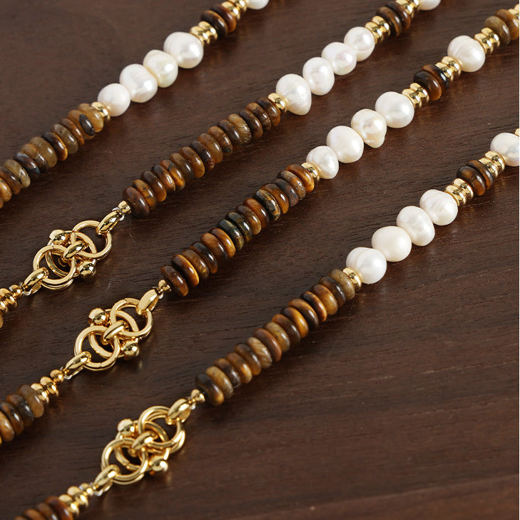 Natural Brown Tiger Eye Stone Freshwater Pearl Necklace Bracelet Set