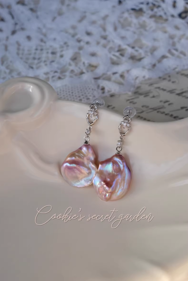 【Monet Garden Collection】 Handmade Pink-purple Baroque Pearl Earrings