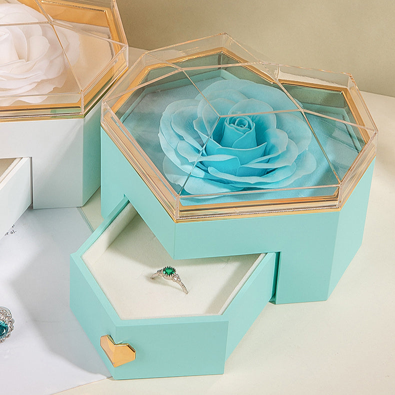 Beating Heart Preserved Rose Flower Ring Necklace Jewelry Box