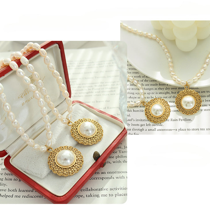 Vintage Bezel Oval Pearl Pendant Necklace