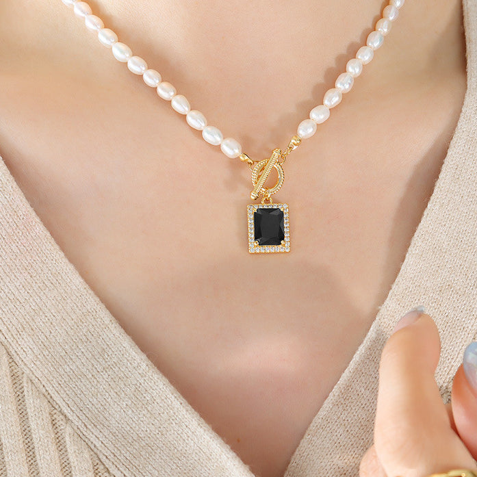 Pearl Necklace With Square Black Zircon Pendant