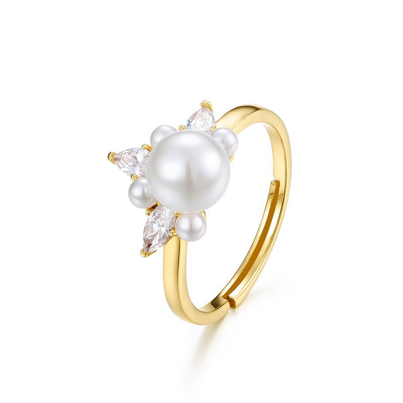 Crown Zircon And Pearl Ring