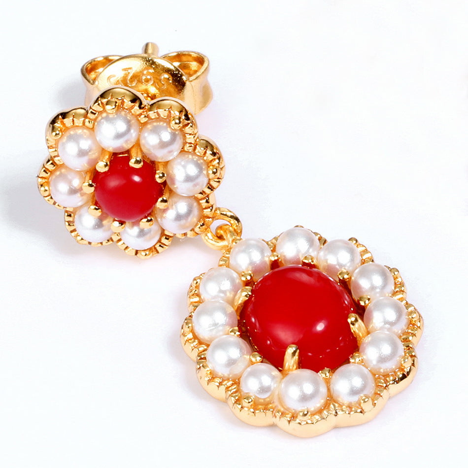 Red Coral And Pearl Earrings