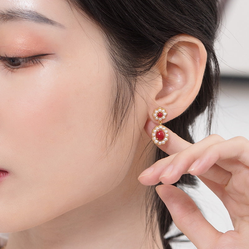 Red Coral And Pearl Earrings