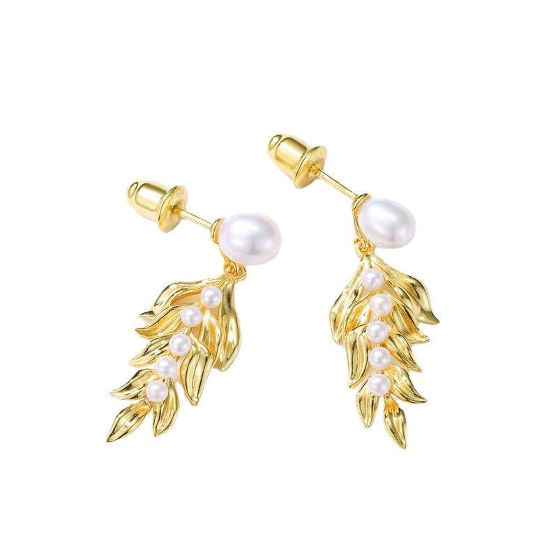 Detachable Gold Leaf Pearl Earrings