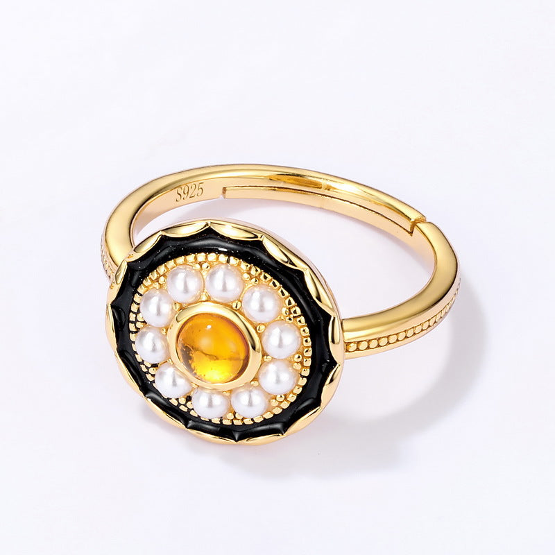 Natural Amber And Pearl Ring