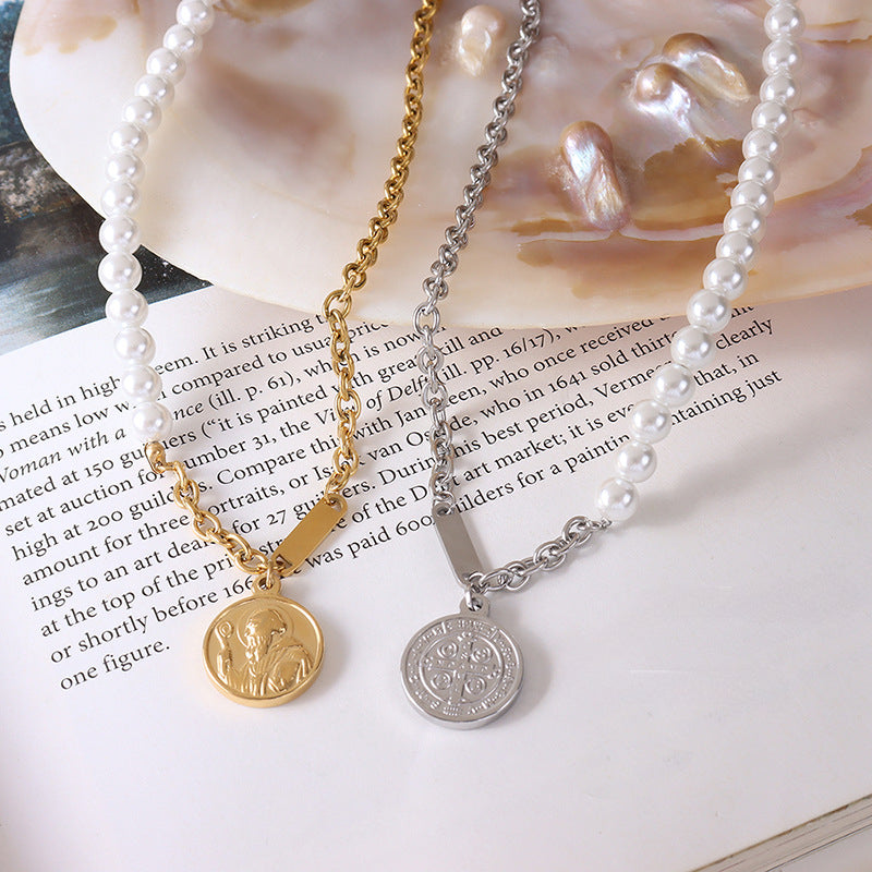 Double Sided Coin Pendant Half Pearl Half Chain Necklace