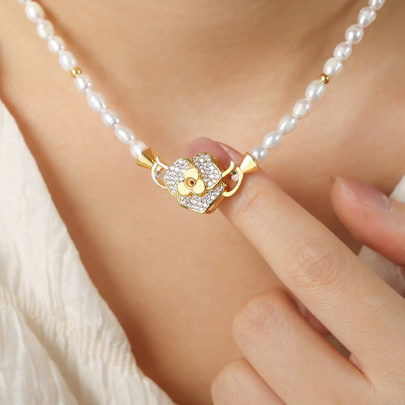 Freshwater Pearl Necklace With Diamond Rose Pendant