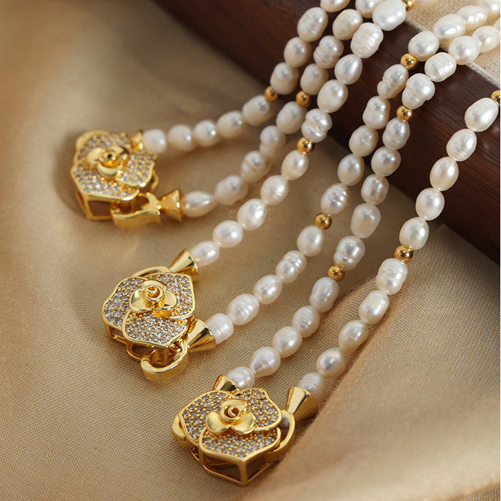 Freshwater Pearl Necklace With Diamond Rose Pendant