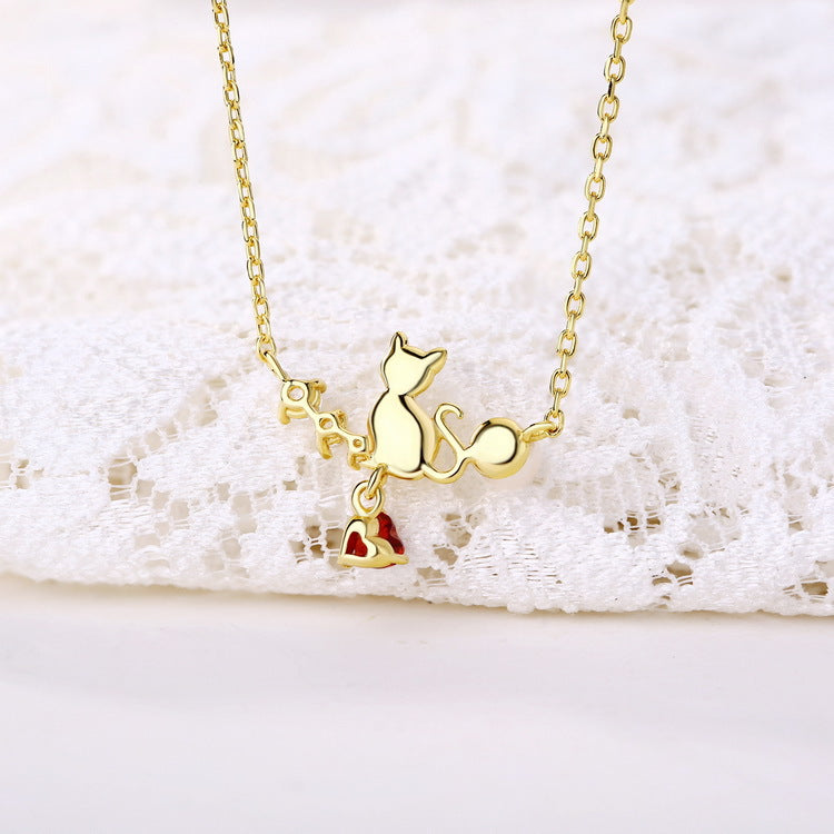 Heart Garnet And Cat Pendant Necklace