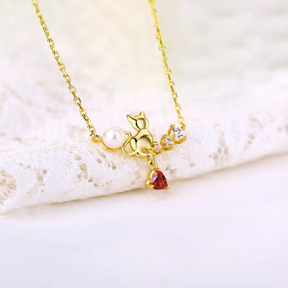 Heart Garnet And Cat Pendant Necklace