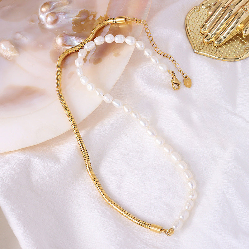 Half Freshwater Pearl Half Snake Chain Necklace