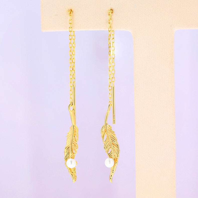 Long Tassel Pearl Feather Earrings