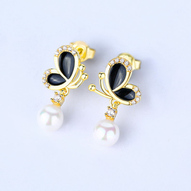 Pearl Drop Black Butterfly Earrings