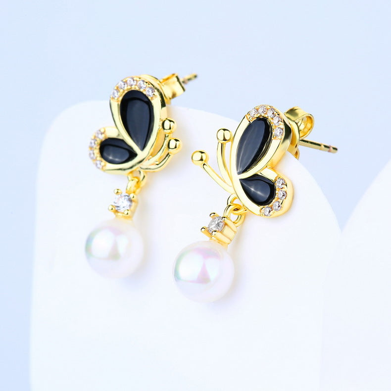 Pearl Drop Black Butterfly Earrings