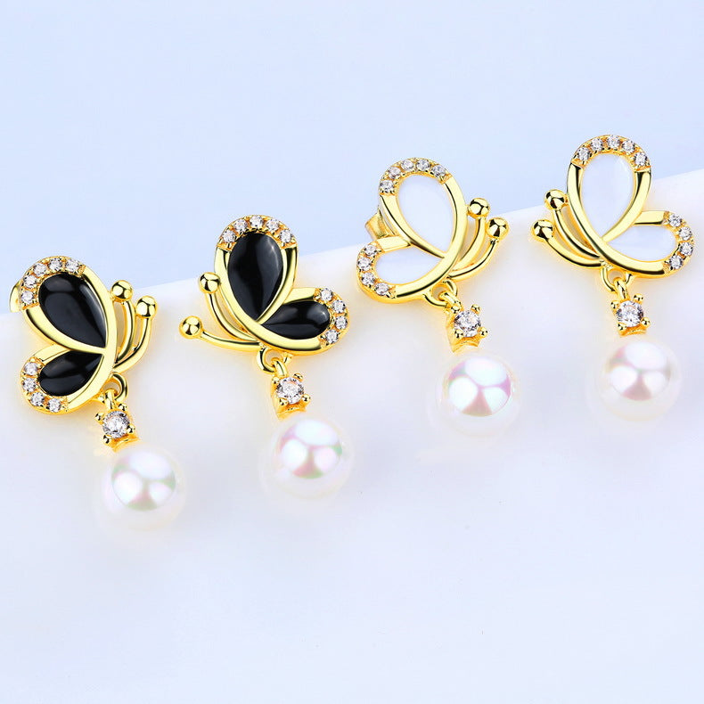 Pearl Drop Black Butterfly Earrings